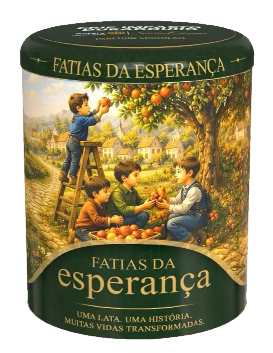 Panetone de Chocolate 400 g, na lata verde da campanha Fatias da Esperança