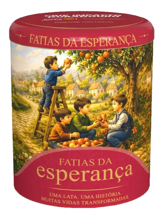 Panetone de Frutas 400 g, na lata vermelha da campanha Fatias da Esperança